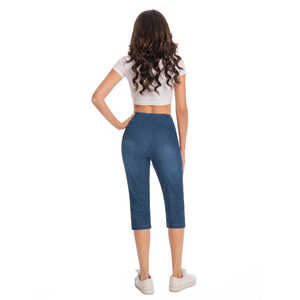 Pantalon Capri en jean extensible pour femme, coupe ajustée, avec poches à rivets, respirant, style crayon, taille simple avec logo tendance - Product Image 2