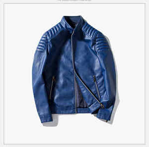Chaqueta bomber de cuero ajustada para hombre Chaqueta de moto lavable con cuello levantado - Product Image 2