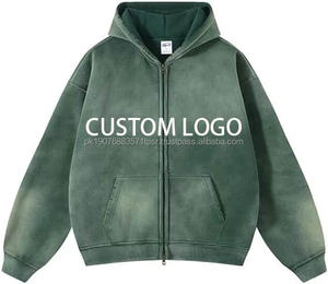 Sudadera con capucha para hombre de poliéster y algodón, estilo French Terry, con cremallera, lavado ácido, efecto desgastado, estilo vintage, de peso pesado - Product Image 2