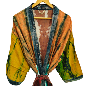 Tie Dye Sari Tela Kimono Multi Color Robe Wrap Dress Mujer Verano Sari Seda Kimono Tamaño libre Robe - Product Image 1