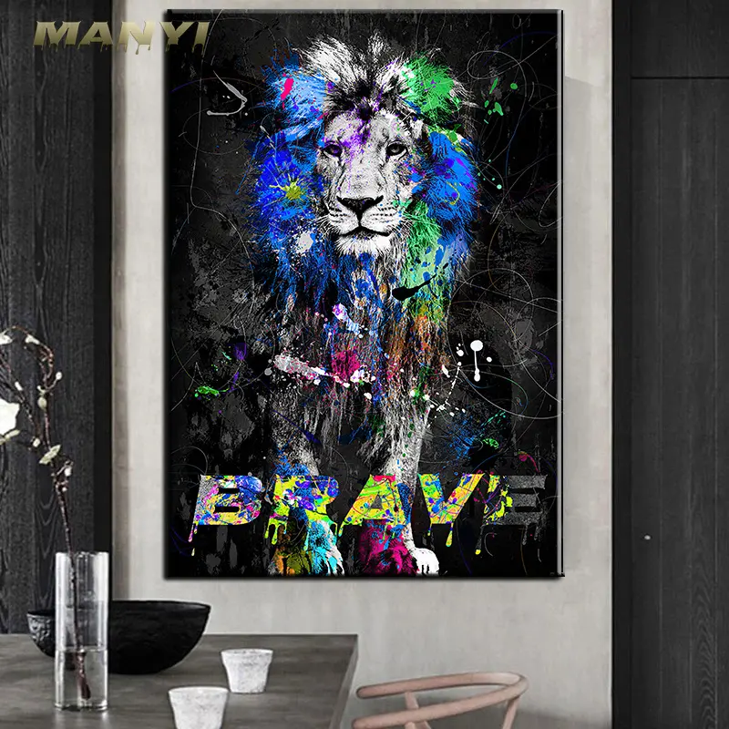 Graffiti Lion and Tiger Animals Wall Art Pictures and Prints Become Brave Quotes posters Canvas Painting For Home Room Decor