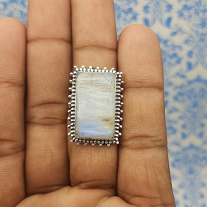 925 Sterling Silver Bohemian Artisan <b>Crafted</b> Designer <b>Ring</b> Chunky Rainbow Moonstone with Diamond Main Stone Weddings Engagements - Product Image 1