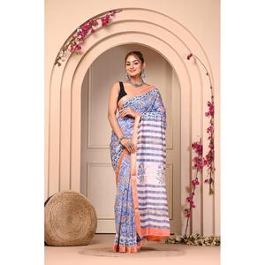 Sari de Seda Maheshwari Hecho a Mano con Estampado en Bloque y Silueta Recta - Product Image 1