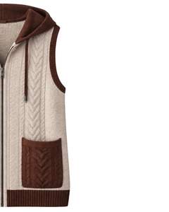 Customized <b>Men</b> Beige Brown <b>Knitted</b> Hooded <b>Vest</b> Zipper Sleeveless Sweater Cable Knit Winter Wool Acrylic Casual OEM Wholesale - Product Image 4