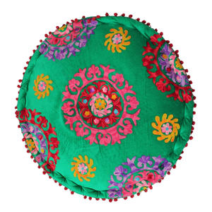 Coussin de sol de luxe artisanal indien fait à la main belle couleur verte broderie poufs ronds - Product Image 2