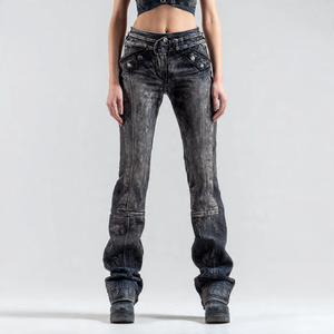 Acid กางเกงหนังขากว้างสำหรับผู้หญิงกางเกงเอวสูงแบบมีเชือกรูดสำหรับผู้หญิงกางเกงหนังวินเทจ - Product Image 2