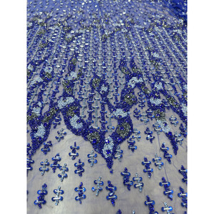 Midnight Sapphire 100% Polyester Lace <b>Fabric</b> Hand-Beaded Embroidered Woven Sheer Breathable Jacquard for Bags In-Stock Items - Product Image 1
