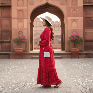 Robe longue Unity Luxure pour femme en crêpe de rayonne premium, rouge à pois, manches longues, col en V, évasée, décontractée et idéale pour les vacances - Product Image 3