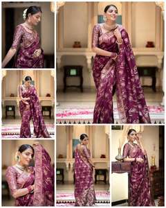 Saree original en tissu de soie pure tissée d'or avec une belle blouse de course vêtements indiens et pakistanais travail de tissage lourd - Product Image 5