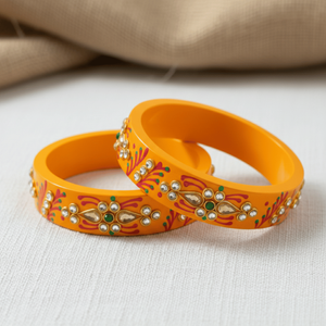 กำไลข้อมือแบบ Kundan สีส้ม ของสะสมทางวัฒนธรรม เครื่องประดับอินเดียแบบดั้งเดิม - Product Image 6