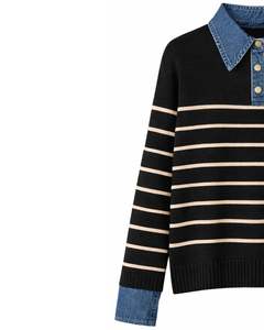 Pull en tricot rayé noir sur mesure avec col en denim bleu, pull décontracté pour femme, hiver, manches longues, chaud, haut tendance - Product Image 3