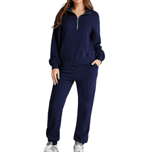 Nouvel arrivage de survêtements décontractés d'hiver 2 pièces pour femmes pull à demi-fermeture éclair pantalon assorti Logo personnalisé 100% coton à la mode - Product Image 1