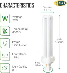 Gemini D Nhỏ Gọn Đèn Huỳnh Quang 26W G24d-3, Lumen Cao 2-Pin <span class=keywords><strong>CFL</strong></span> Ống Cho Công Nghiệp Và Trong Nhà Chiếu Sáng Chuyên Nghiệp - Product Image 6