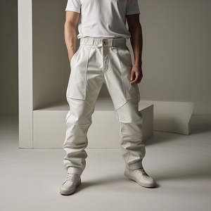 กางเกงผู้ชายหนัง PU สีขาวเอวยางยืดแฟชั่นทันสมัยดีไซน์เพรียวบางสวมใส่มีสไตล์ - Product Image 1