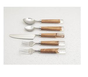 Juego de cubiertos de acero inoxidable de 5 piezas con mango de resina y madera, vajilla, vajilla de lujo pulida con espejo - Product Image 1