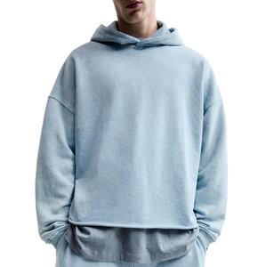 OEM Wholesale Vintage Wash Men's Cotton Oversized Drop Shoulder <b>Raw</b> Hem Cropped Boxy Hoodies Streetwear Pullover Hoodies for Men - Product Image 3