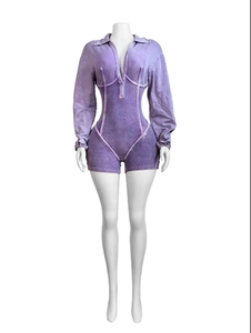 Elegante mono de manga larga con cuello en V profundo de alta calidad para mujer, Mono corto Retro lavado, Mono - Product Image 6