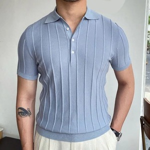 Polo Shirt Men Casual Turn-<b>down</b> Collar Business Fashion Striped Solid Slim Tops Ice Silk Cotton T-shirt - Product Image 5