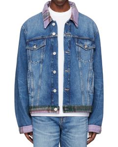 Veste en jean bleue pour homme avec col à carreaux violets, boutons sur le devant, lavage vintage, style décontracté, streetwear, vêtements d'extérieur - Product Image 1