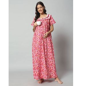 Chemise de nuit de maternité en coton 100% pour femmes, manches courtes, longueur totale, tissu respirant, imprimé floral au niveau du col, élégante, été, simple - Product Image 1