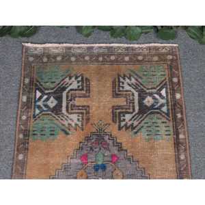 1.6x3.3 ft Vintage Small Rug, <b>Brown</b> Green Turkish Animal Print <b>Wool</b> Rug - Product Image 3