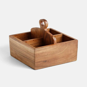 Nouveauté : Caddie en bois pour ranger les ustensiles, caddie 2 en 1 avec poignée en métal pour la décoration de table, porte-couverts finition naturelle - Product Image 2