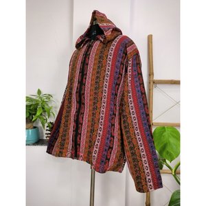 EARTH TONES Women's Handmade Boho Red Hooded <b>Wool</b> <b>Vest</b> Eco-Friendly Woven Fabric Zipper Front - Product Image 3