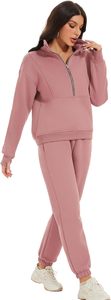 Survêtement en molleton de toile 2 pièces pour femmes Sweat à capuche long à demi-fermeture éclair et pantalon de jogging avec décoration de bouton Haut et bas vierges - Product Image 4