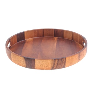 Bandeja redonda de madera Bandeja de madera hecha a mano con asa Bandeja de utensilios de cocina decorativa de madera maciza hecha en la India - Product Image 3