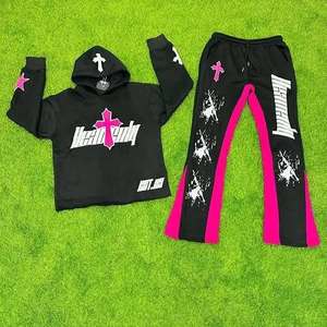 Men's Distressed Embroidery Sweat Suit <b>Zip</b> up Hoodie With Sweat Pant 100% Cotton 400gsm Best Selling Products - Product Image 2