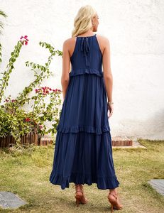 เดรสยาวสีน้ำเงินสไตล์ฤดูใบไม้ผลิและฤดูร้อนสำหรับผู้หญิง ผ้าเรยอน 100% ดีไซน์พันรอบตัว คอทรงกลม เหมาะสำหรับงานปาร์ตี้ - Product Image 3