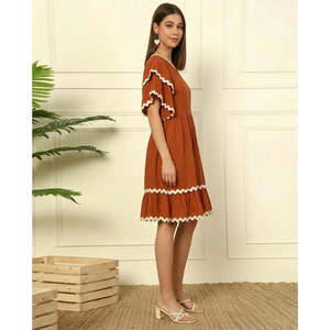 DEEBACO Women's Tan Solid Tiered Layered <b>Dress</b> One Shoulder Bell Layered Sleeves Fit & Flared Above Knee Length One Piece <b>Dress</b> - Product Image 4