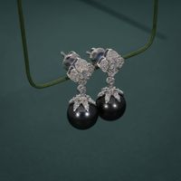 Pendientes de Perlas de Imitación Akoya Negras con Diamantes en Plata de Ley 925 con Diamantes Cultivados en Laboratorio - Lujo de Moda para Bodas