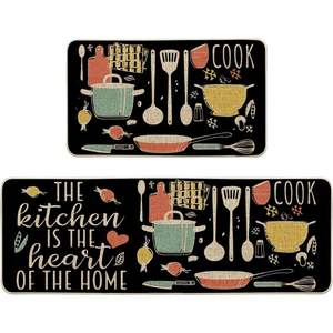 Ensemble de deux tapis de cuisine anti-fatigue, surface en lin personnalisée avec motif original, dos en caoutchouc, lavables, tapis rectangulaires - Product Image 2