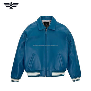 Blouson bombardier en cuir blanc au design unique pour homme côtes contrastées haut de gamme Streetwear avec fermeture éclair sur le devant et logo doublure en fausse fourrure High Street - Product Image 3