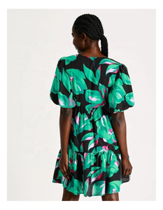 Charm Energetic <b>Black</b> Midi Chiffon 100% Cotton Short Sleeves Color Print <b>Wrap</b> Dress Loose Fit V-neck All-over Floral Print Tie - Product Image 3