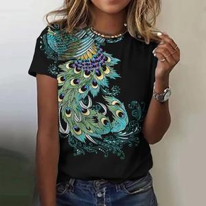 Imprimé à manches courtes t-shirt femmes haut vêtements pour femmes vêtements décontractés blouse paon accrocheur - Product Image 2