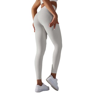 Pantalon d'entraînement taille haute bout à bout sans couture Gym Yoga Leggings XL couleur unie Spandex croisé taille léger lavé - Product Image 4