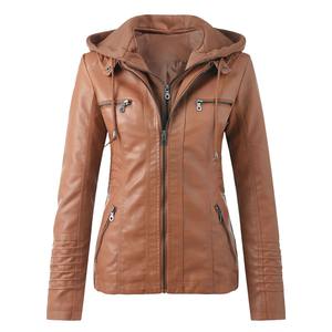 PU cuir femmes coupe ajustée en cuir à capuche fermeture éclair moto motard manteau veste hauts à manches longues Streetwear vêtements automne hiver - Product Image 3