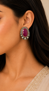 Pendientes ovalados de zafiro rojo Polki Moissanite CZ – Pendientes de tuerca de diseño victoriano - Product Image 2