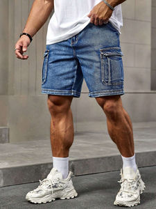 High Quality Mid Denim <b>shorts</b> for <b>men</b> Solid Color Cargo <b>Pocket</b> Breathable Straight-leg Design Casual Summer Style Dark Wash - Product Image 3
