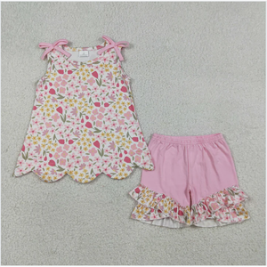 GSSO3389 Conjunto de pantalones cortos para niñas con borde festoneado rosa y lazos de tulipanes - Product Image 1
