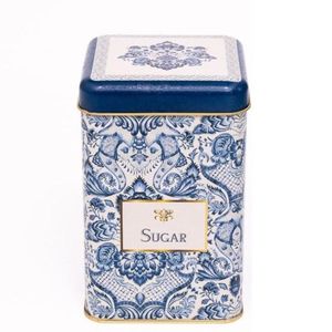 1.6L Azulejo-Inspired Blue White Decorative Pattern 105 x 105 x 160 mm Square Metal Storage Tin for Food Inspired Traditional - Product Image 1