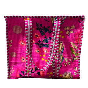 100% Cotton Pink Floral Handblock Printed Quilted <b>Shoulder</b> Tote <b>Bag</b> <b>with</b> Zipper For Women <b>Large</b> - Product Image 1