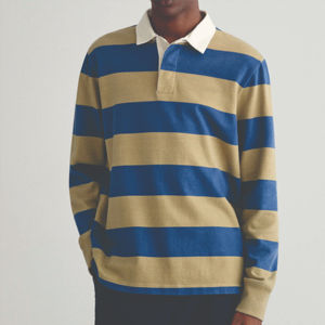 เสื้อรักบี้ผ้าโพลีเอสเตอร์คอตตอนกันหดแบบกำหนดเอง พร้อมโลโก้ลายทางแขนยาว เสื้อโปโลระบายอากาศ - Product Image 1