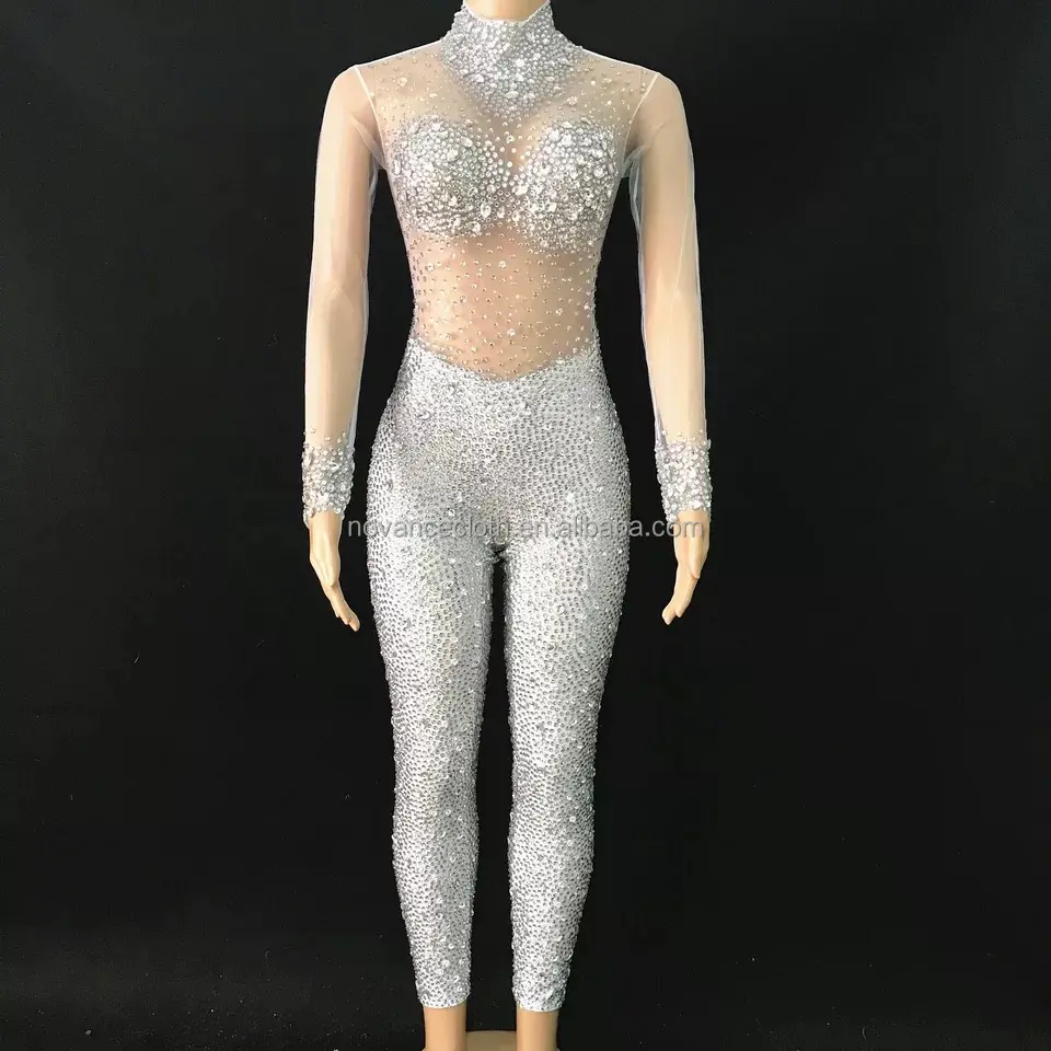 Novance body transparente brilhante, roupa feminina de manga longa branca, diamantes brilhantes, novidade Y2113-B