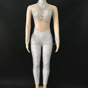 Novance Y2113-B新产品服装半透明亮钻石长袖白色连衣裙女式派对紧身衣