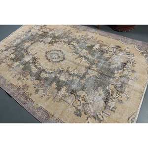 Alfombra turca vintage 5'8 \ "X 9 'Beige gris hecho a mano estilo bohemio lana con respaldo de látex para cabecera patrón de retales rectangulares - Product Image 4