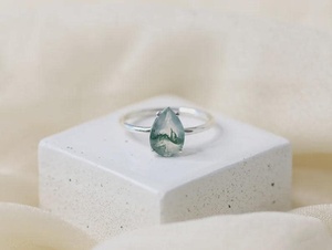 Handmade Pear Moss Agate Ring 925 Sterling <b>Silver</b> Rhodium Plated Vintage Luxury Elegant Gift for Women - Product Image 6
