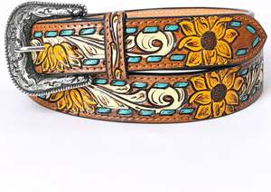 Cinturones de cuero genuino con estilo Western Brown Tooled Leather Cinturones con estampado floral Real Hecho a mano Tooled Leather Cinturones de cintura unisex - Product Image 6